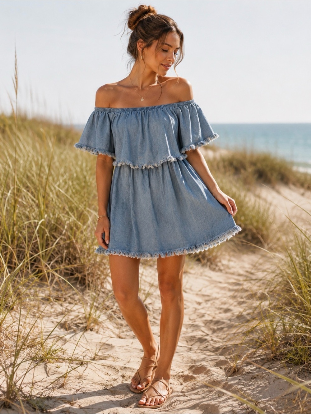 Elan Tencel Chambray Off Shoulder Dress Fringe Hem Boho Size M